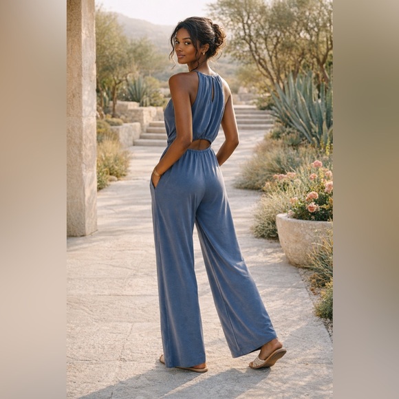 Pact Pants - Pact Blue Sleeveless Wide-Leg Cutout Jumpsuit